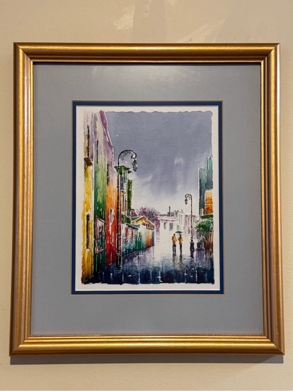 S Edwardo original framed French street scene watercolor. Prof framed. 14x18